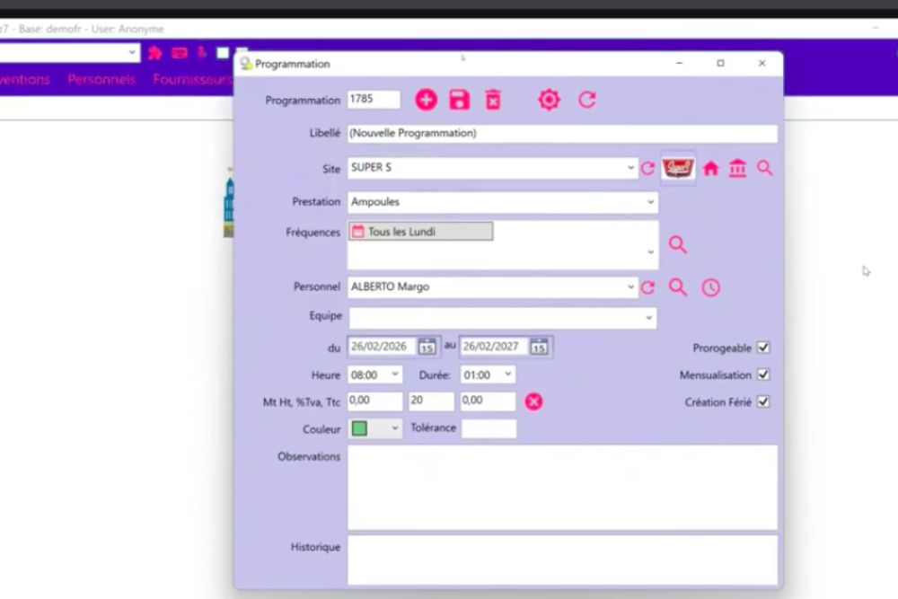 Interface du menu intervention pour créer une nouvelle programmation récurrente sur SoftyPlanning