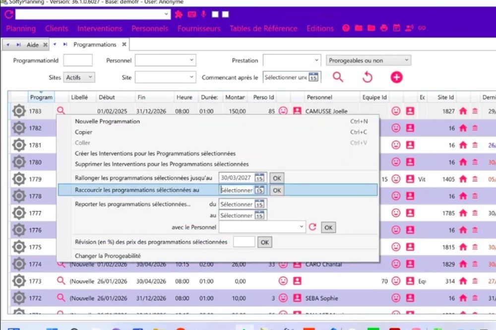 Option de clic droit pour raccourcir une programmation et arrêter les interventions futures