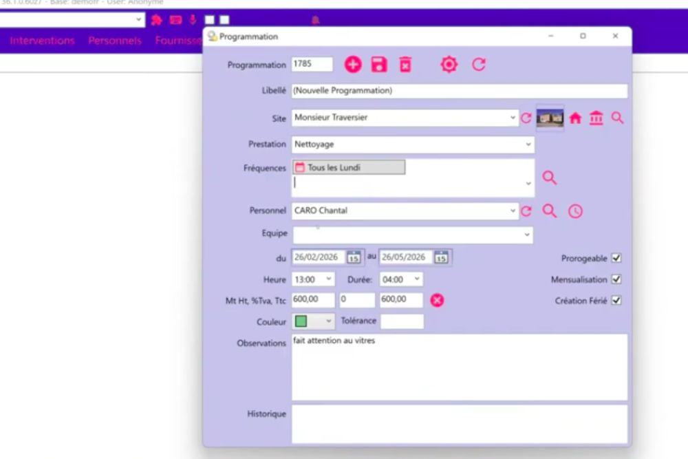Configuration des fréquences et calendrier de planification dans le logiciel SoftyPlanning